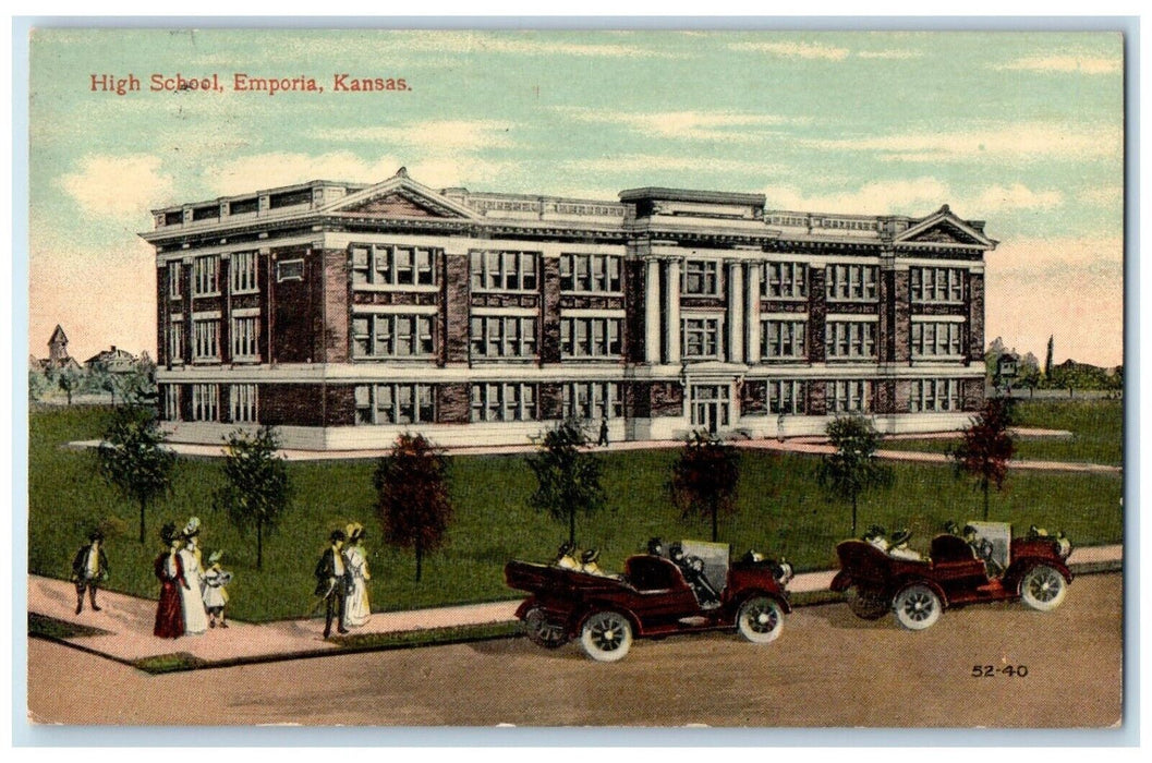 1914 Exterior View High School Building Classic Cars Emporia Kansas KS Postcard