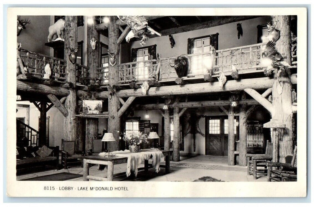 1948 Lake McDonald Hotel Lobby Interior Taxidermy View MT RPPC Photo Postcard