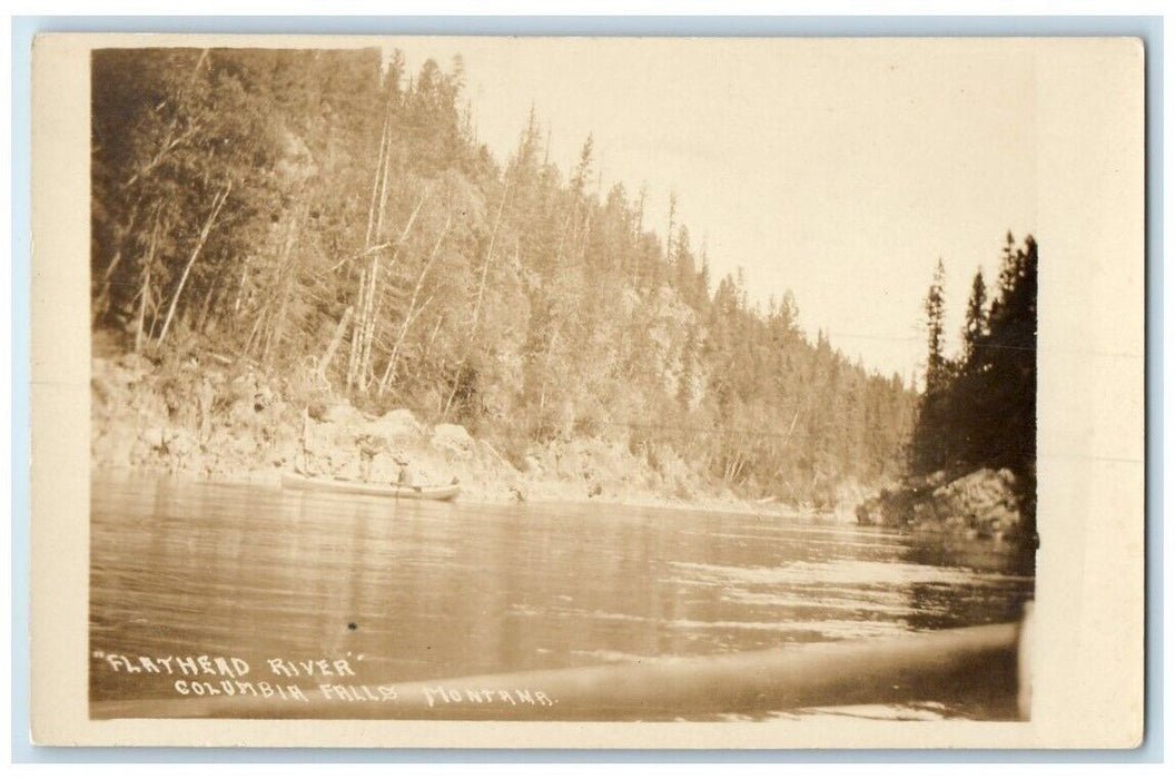 c1920's Flathead River Canoe View Columbia Falls Montana MT RPPC Photo Postcard