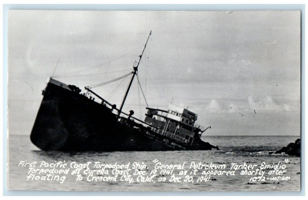 1941 Petroleum Tanker Emidio Sinking Torpedo Japanese CA RPPC Photo Postcard