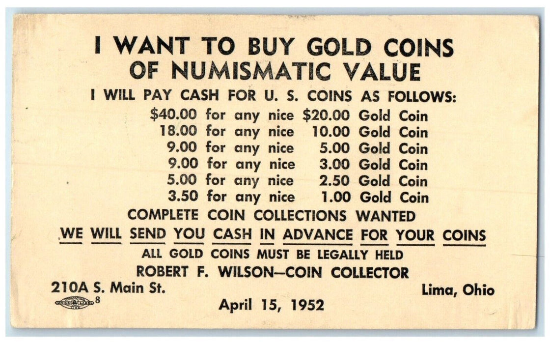 1952 Gold Coins Of Numismatic Value Advertising Lima Ohio OH Vintage Postcard