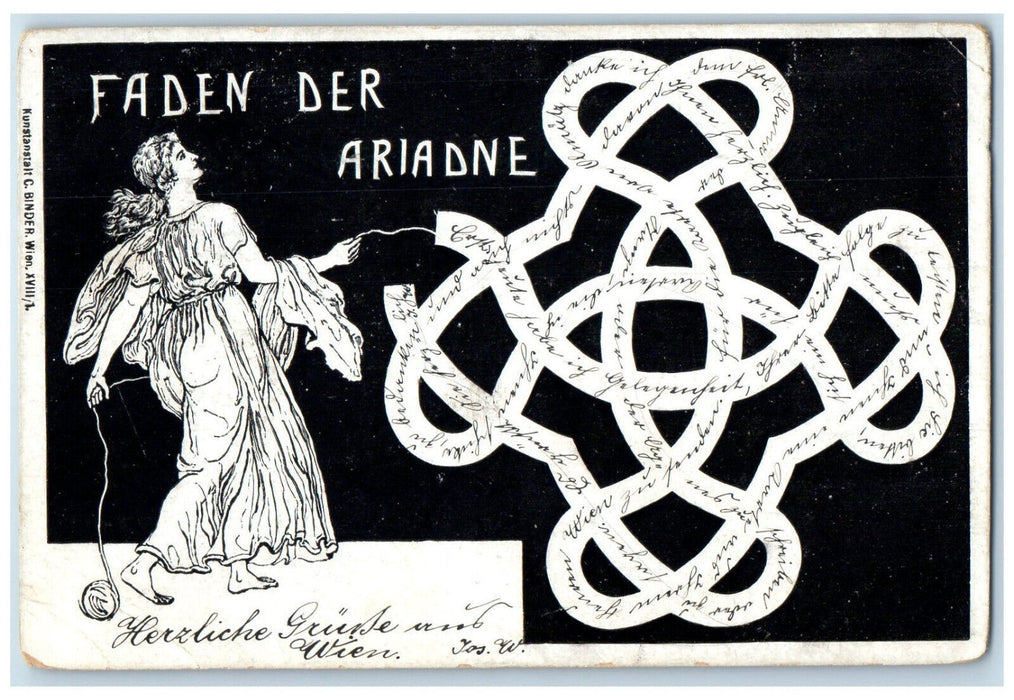 c1905 Woman Yarn Ariadne's Thread Warm Regards in Vienna Austria Postcard