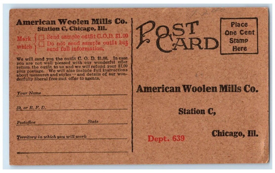 American Woolen Mills Company Chicago Illinois IL Advertising Unposted Postcard
