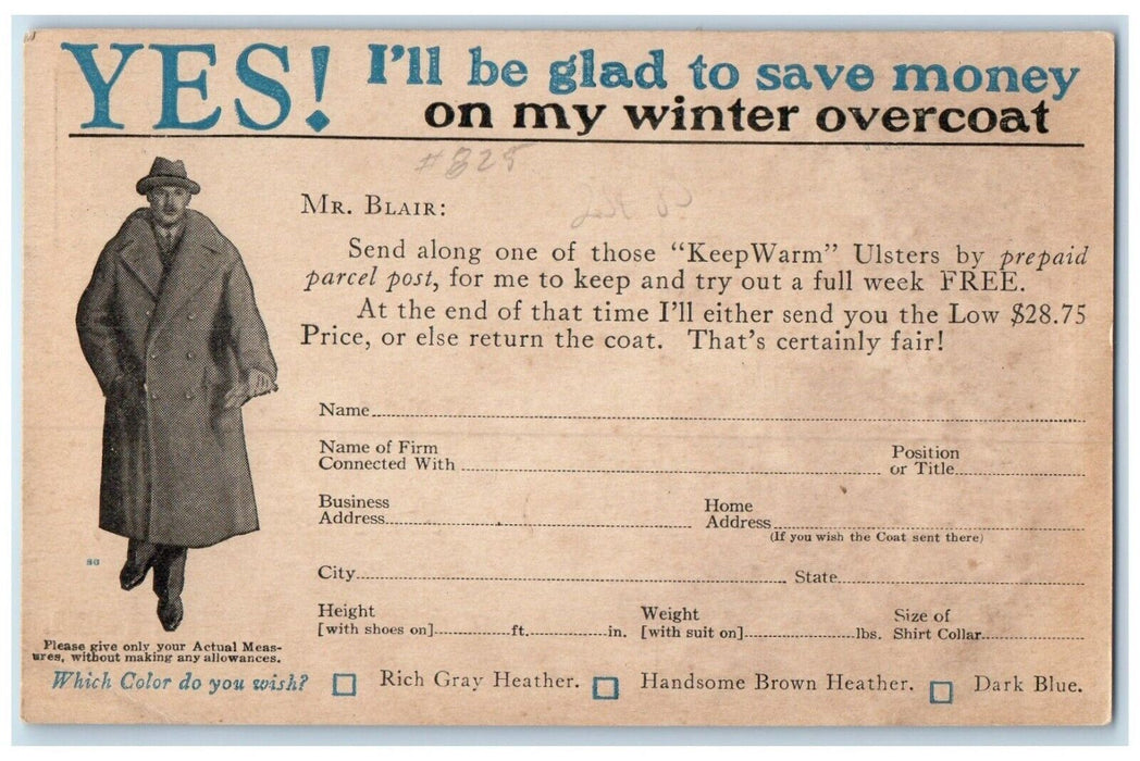John Blair Winter Overcoat New Process Company Warren PA Advertising Postcard