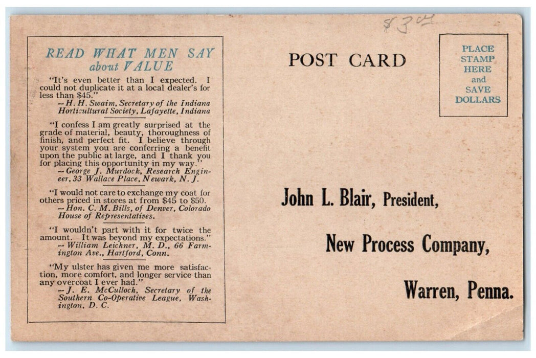 John Blair Winter Overcoat New Process Company Warren PA Advertising Postcard