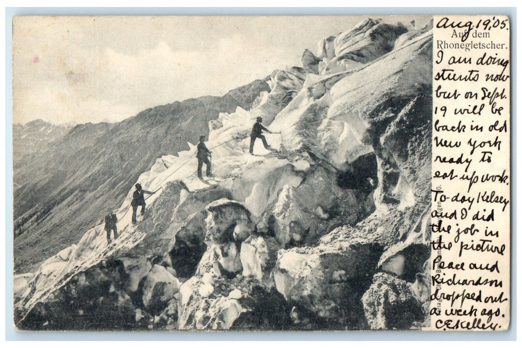 1905 Four Men Climbing On The Rhone Glacier Switzerland Antique Postcard