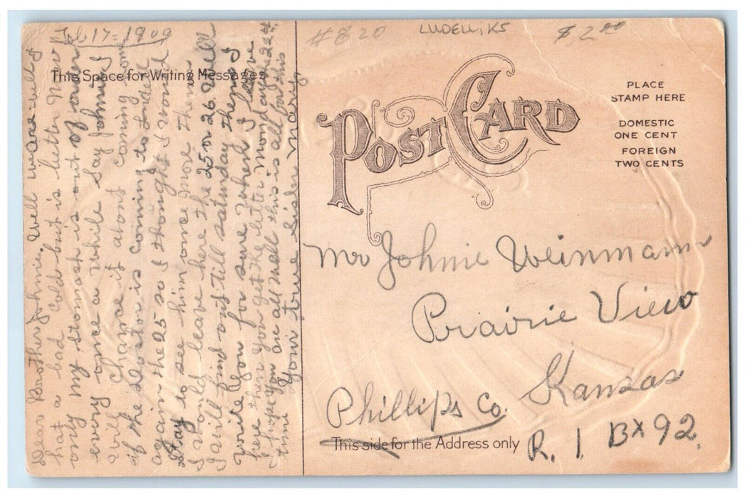 c1910 Souvenir From Ludell Kansas Clam Embossed Glitter Vintage Antique Postcard