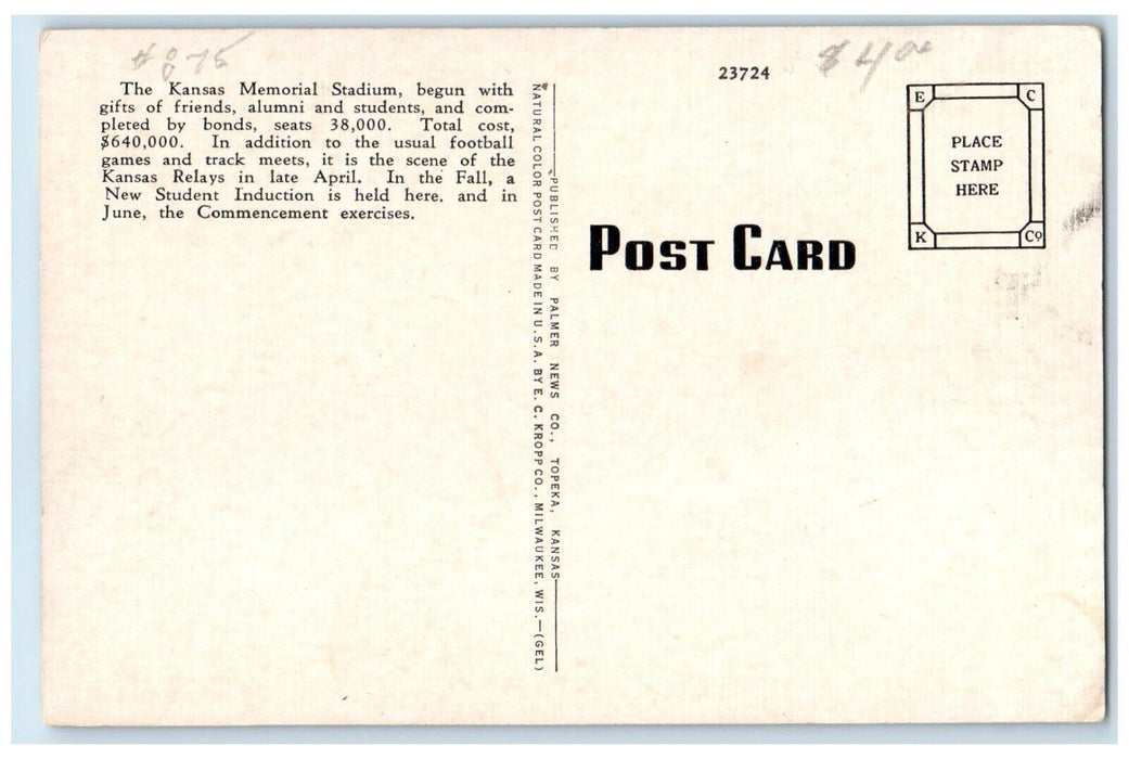 1940 Stadium University Kansas Football Lawrence Kansas Vintage Antique Postcard