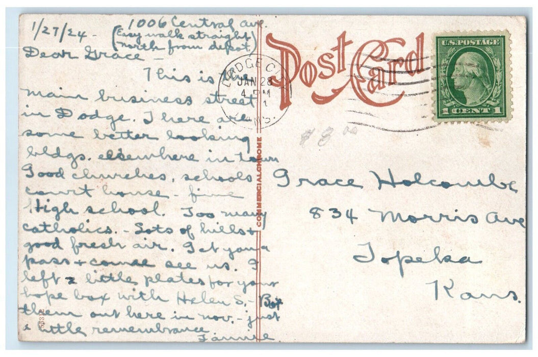 1924 Chestnut Street Looking West Classic Cars Dodge City Kansas Posted Postcard