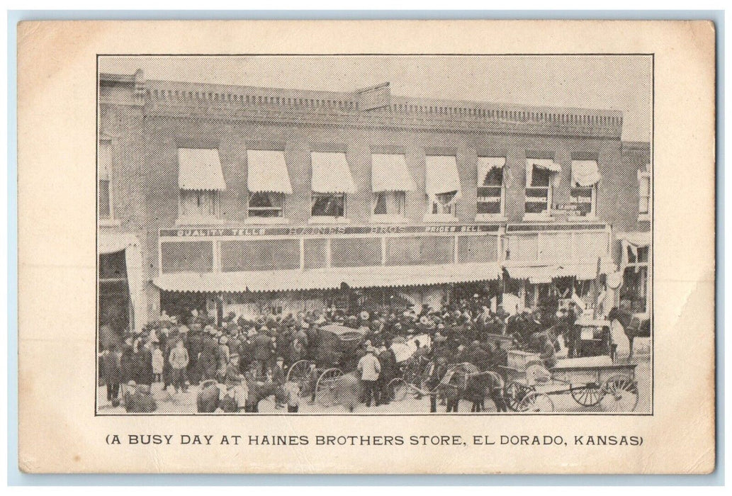 c1905 Busy Day Haines Brothers Store Horse Carriage El Dorado Kansas KS Postcard