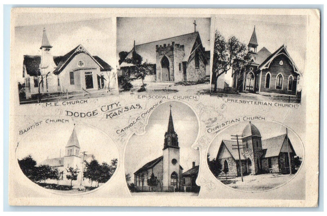 1907 View Churches Dodge City Multi-View Kansas Posted Vintage Antique Postcard