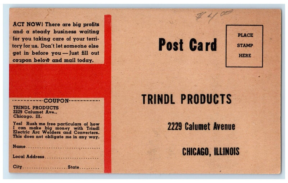 New 6 Volt Trindl Electric Arc Welder Products Chicago IL Advertising Postcard