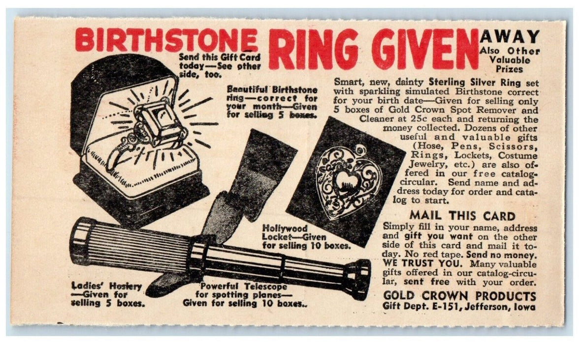 Birthstone Ring Given Gold Crown Products Jefferson IA Advertising Postcard