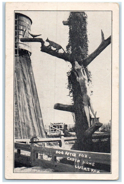 c1940 Dog After Fox Cabin Home Animal Sculpture Lucas Kansas KS Vintage Postcard