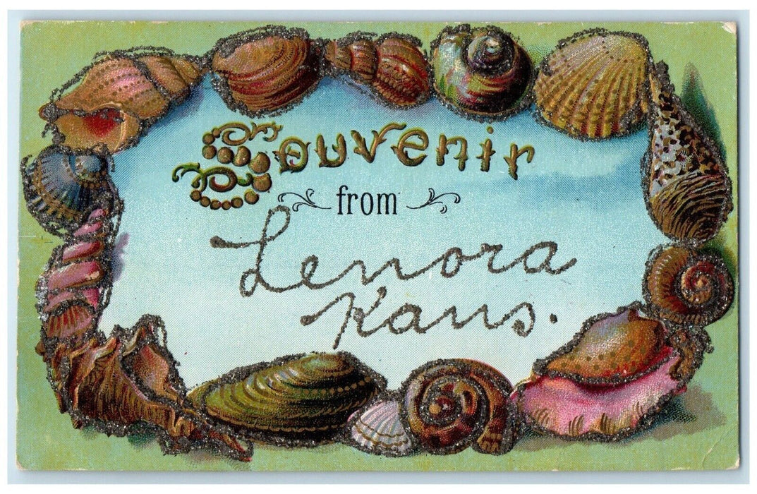 c1910 Souvenir From Lenora Kansas KS Clams Seashells Embossed Glitter Postcard
