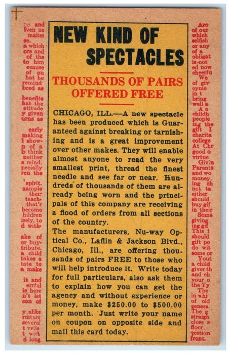New Kind Of Spectacles Nu Way Optical Co. Chicago IL Advertising Postcard