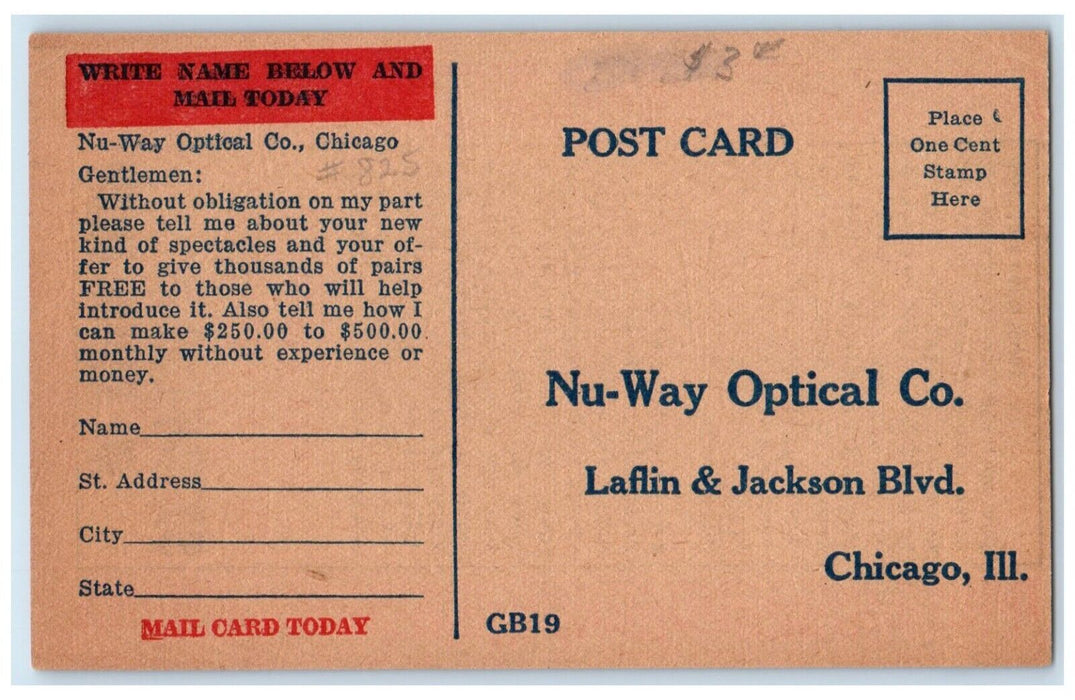 New Kind Of Spectacles Nu Way Optical Co. Chicago IL Advertising Postcard