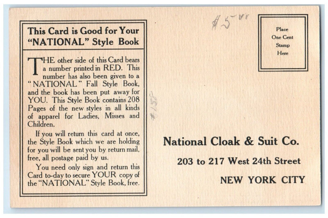 National Cloak & Suit Co. Style Book New York City NY Advertising Postcard