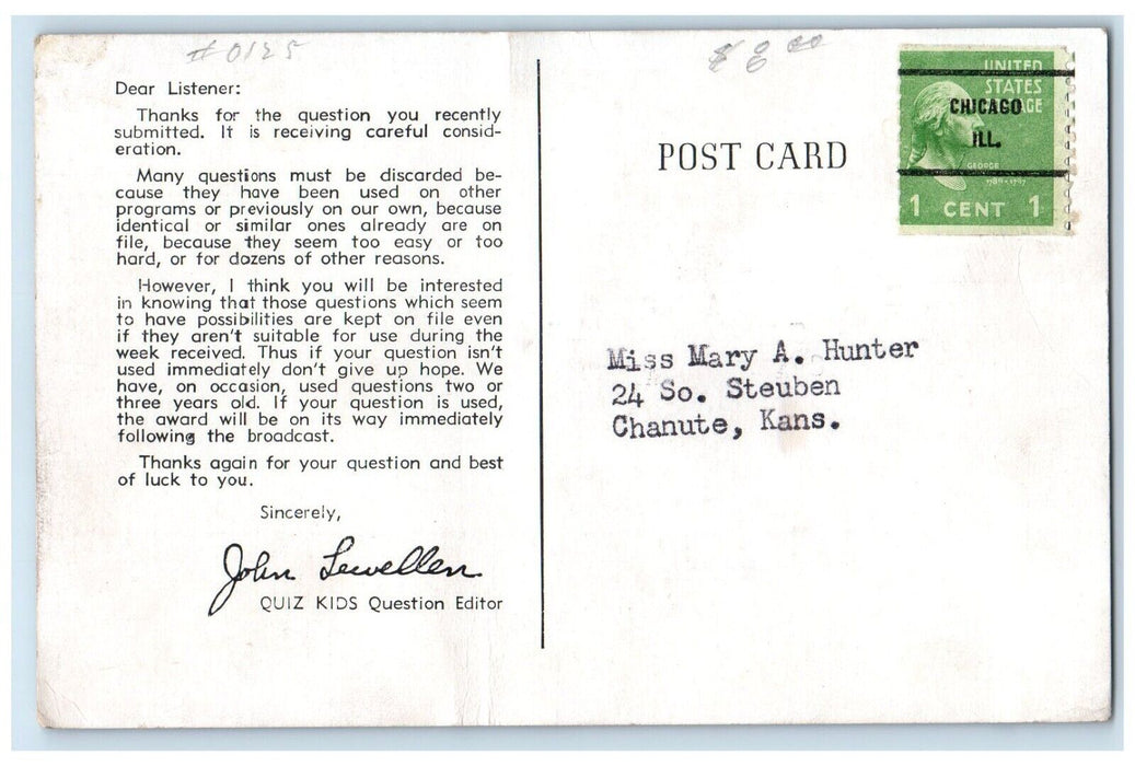 Alka Seltzer One A Day Vitamins NBC Network Quiz Kids Chanute Kansas KS Postcard