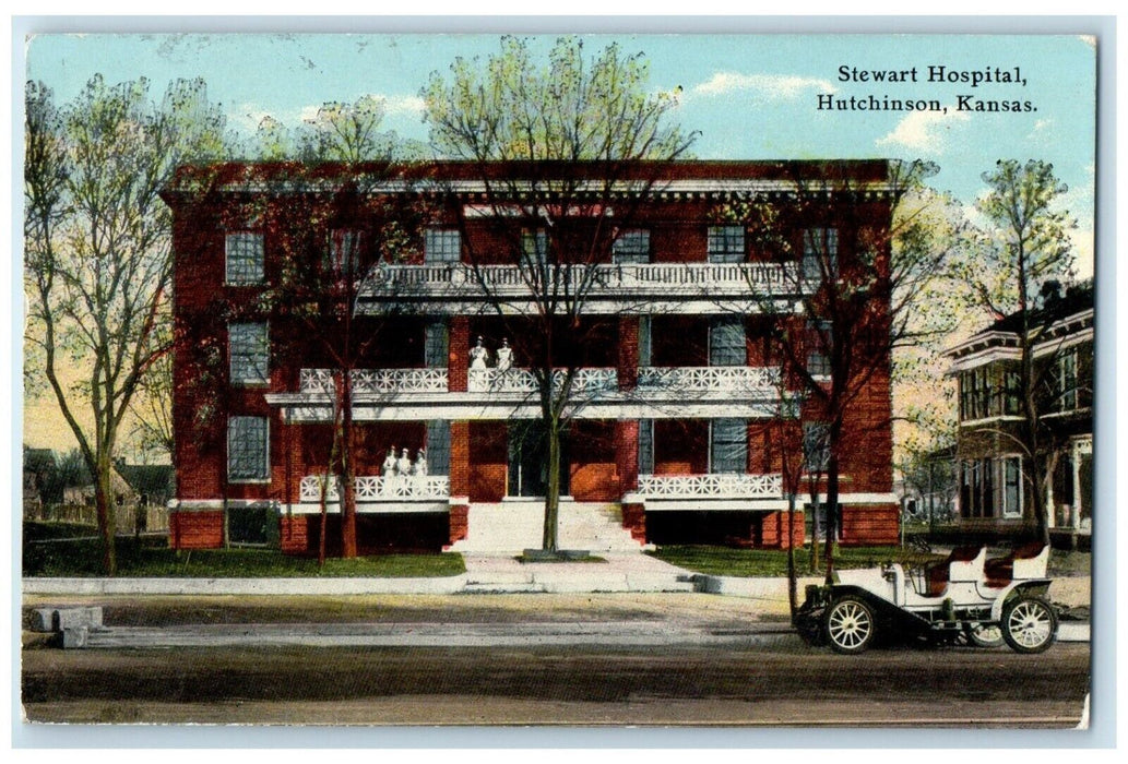 1911 Stewart Hospital Exterior Building Classic Car Hutchinson Kansas Postcard