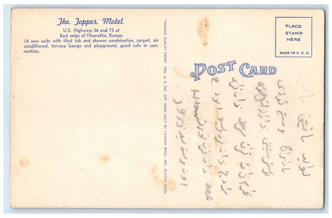 c1940 Topper Motel East Edge City Exterior Building Hiawatha Kansas KS Postcard
