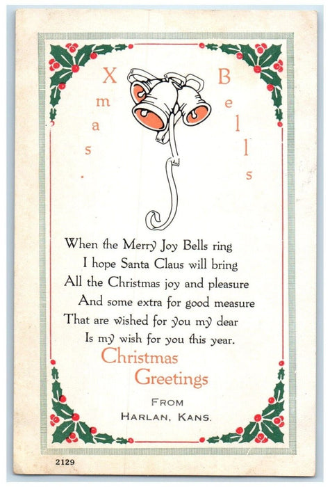 1915 Christmas Greetings From Xmas Bells Song Harlan Kansas KS Vintage Postcard