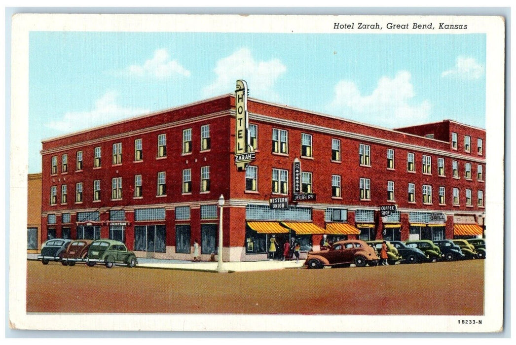 c1940 Hotel Zarah Great Classic Cars Exterior Building Bend Kansas KS Postcard