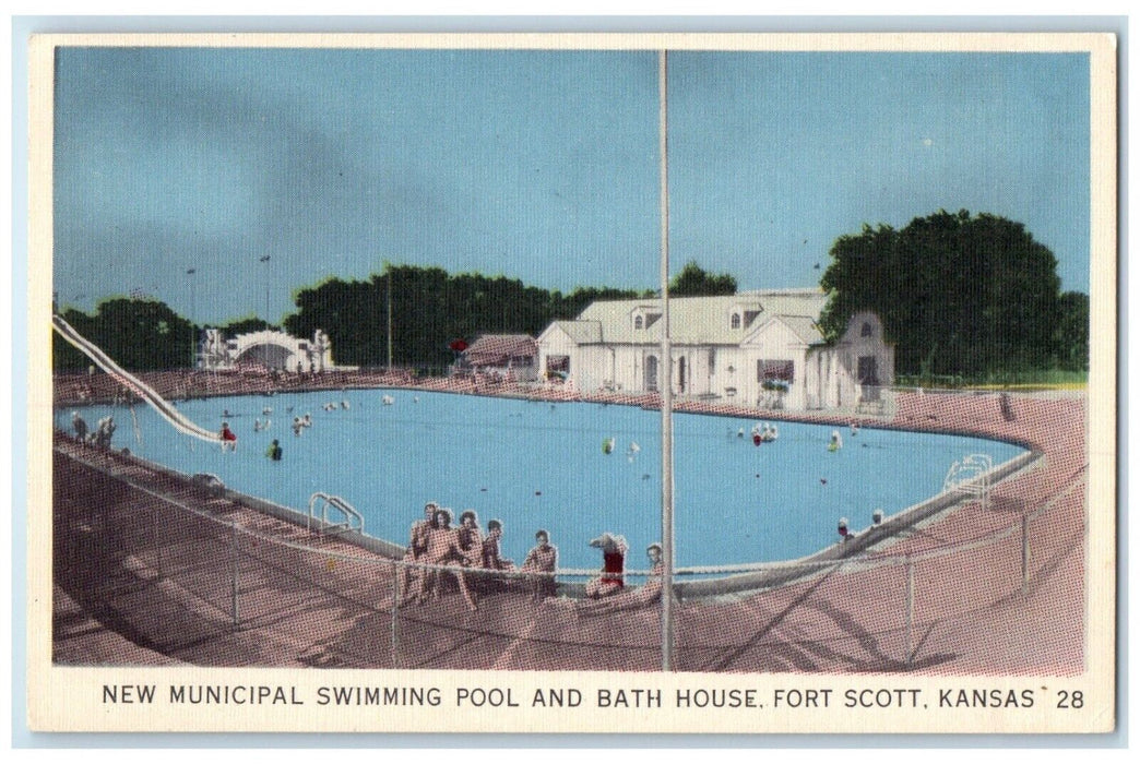 c1940 New Municipal Swimming Pool Bath House Exterior Fort Scott Kansas Postcard