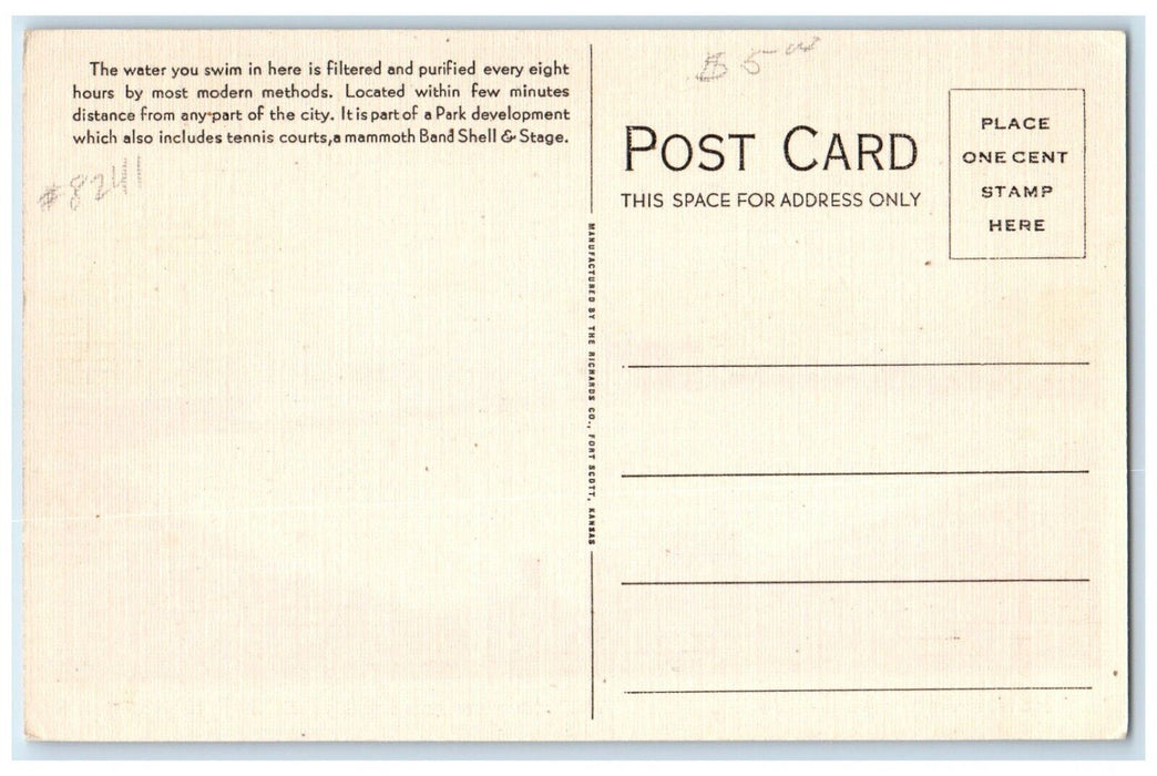 c1940 New Municipal Swimming Pool Bath House Exterior Fort Scott Kansas Postcard