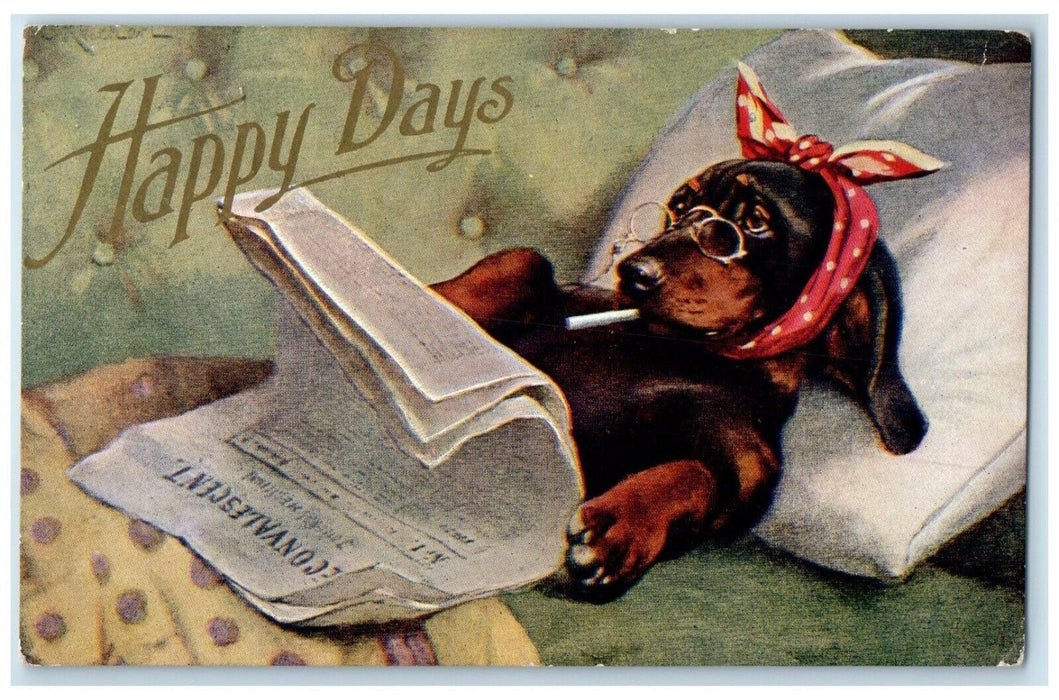 1909 Happy Days Anthropomorphic Dog Reading Newspaper Loyalton SD Postcard