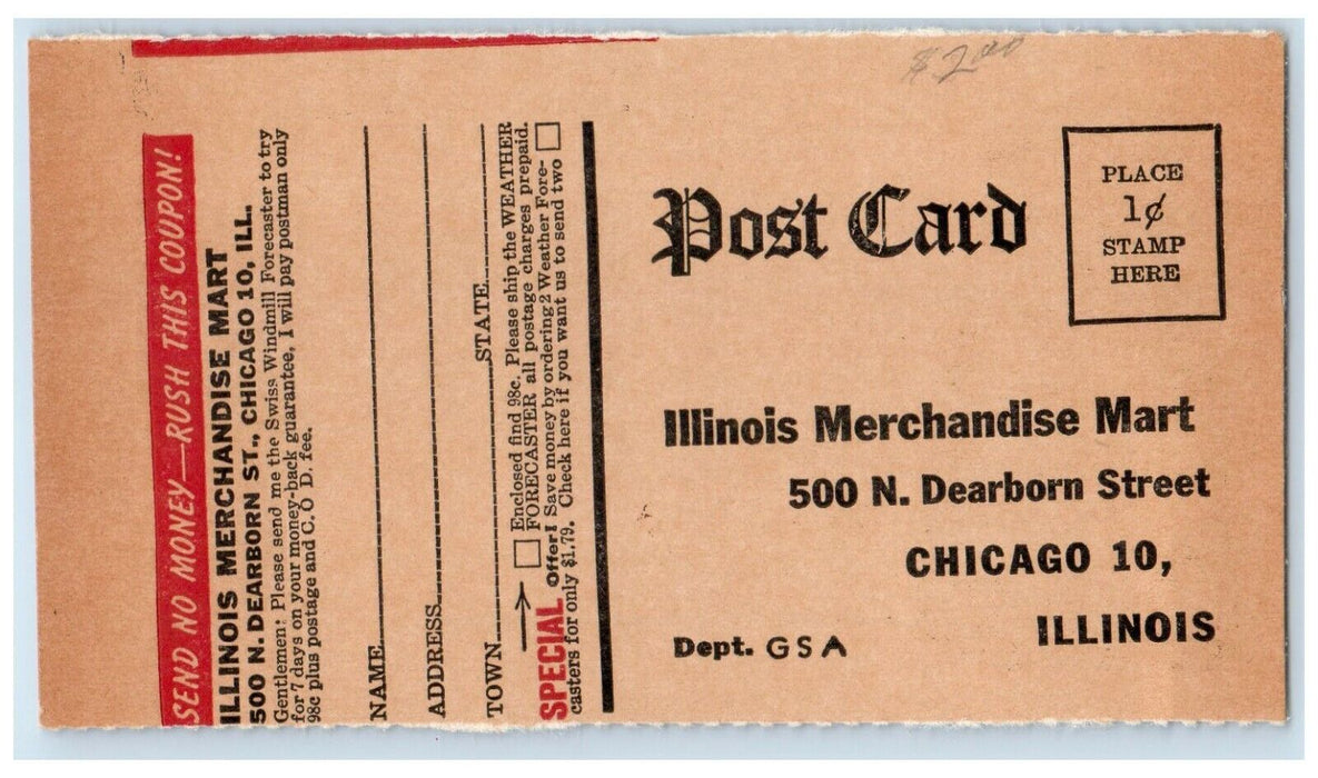 Swiss Windmill Weather Forecaster Illinois Merchandise Mart Advertising Postcard