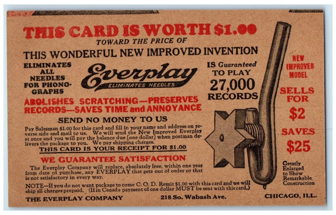 The Everplay Co. Eliminates Needles Chicago Illinois IL Advertising Postcard