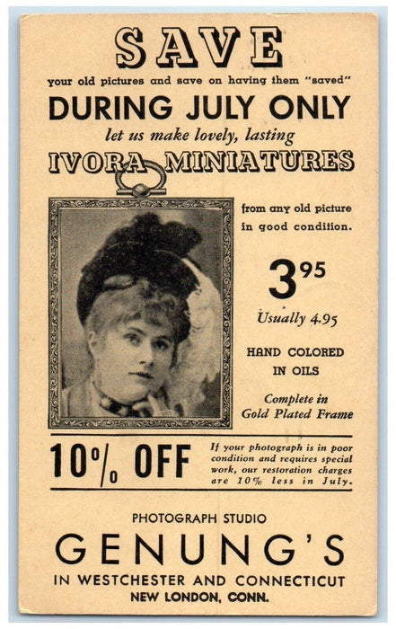 Ivora Miniatures Photograph Studio Genung's New London CT Advertising Postcard
