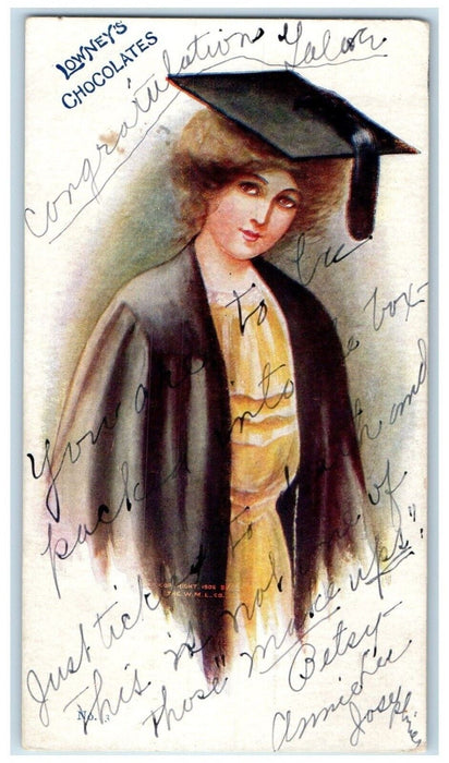 c1905 Lowney's Chocolates Woman Graduation Independence MO Advertising Postcard