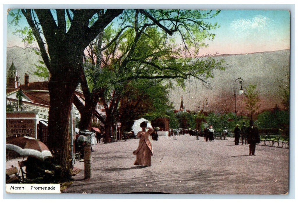 c1910 Crowd Walks in Road Meran Promenade Italy Posted Antique Postcard