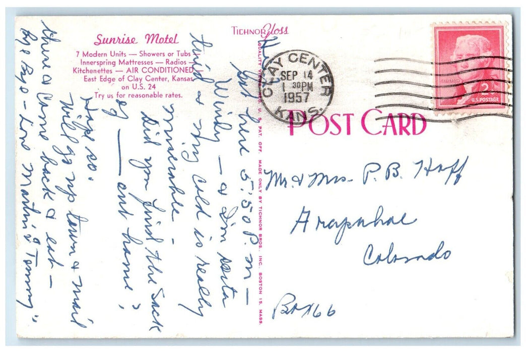 1957 Roadside View Sunrise Motel Building Clay Center Kansas KS Antique Postcard