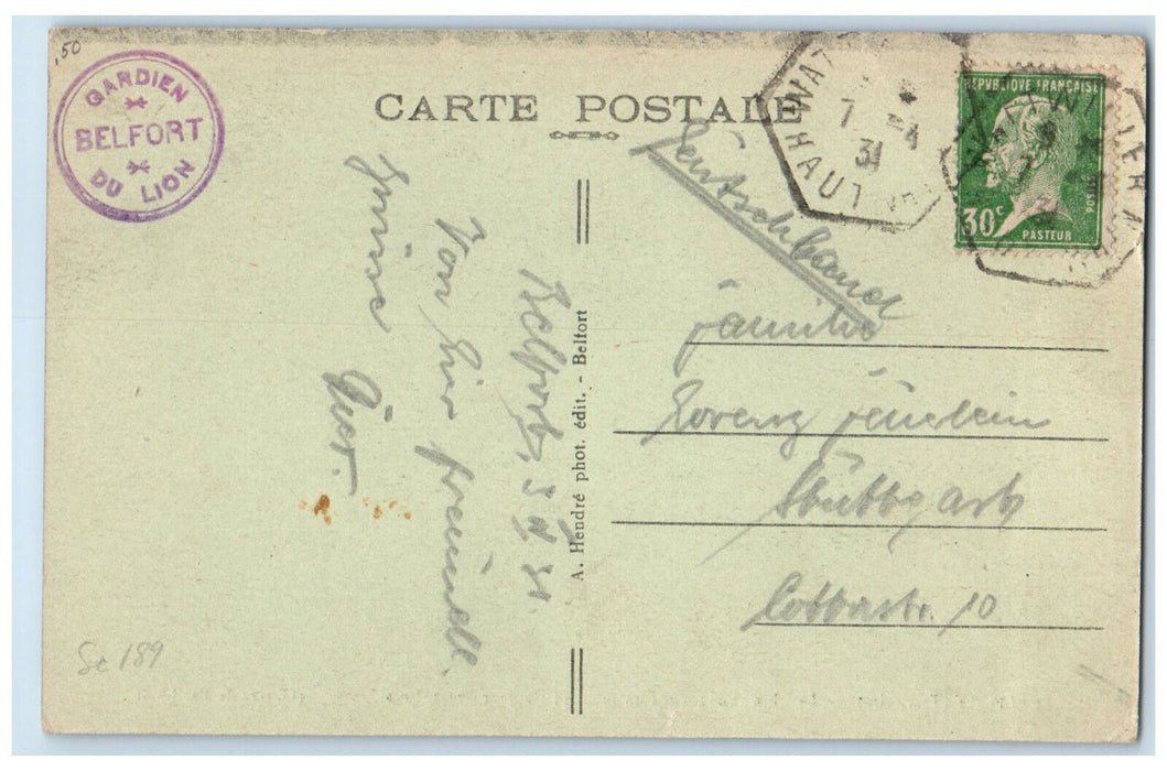 1931 Le Lion Belfort (Territoire) Made of Sandstone in France Postcard
