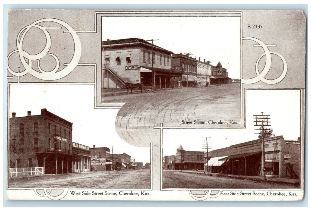 c1910 west & East Side Street Scene Cherokee Multi-View Kansas Antique Postcard
