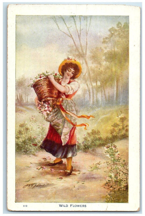 c1910's Pretty Woman Holding Basket Wild Flowers Soapine Antique Postcard