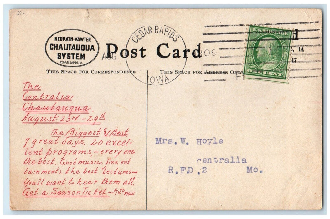 1909 A Redpath Chautauqua System Special Cedar Rapids Iowa IA Antique Postcard