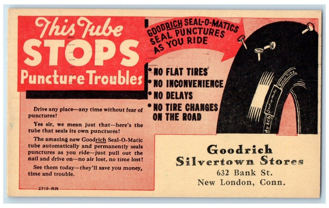 1937 Goodrich Seal O Matic Silverstone Stores New London CT Advertising Postcard