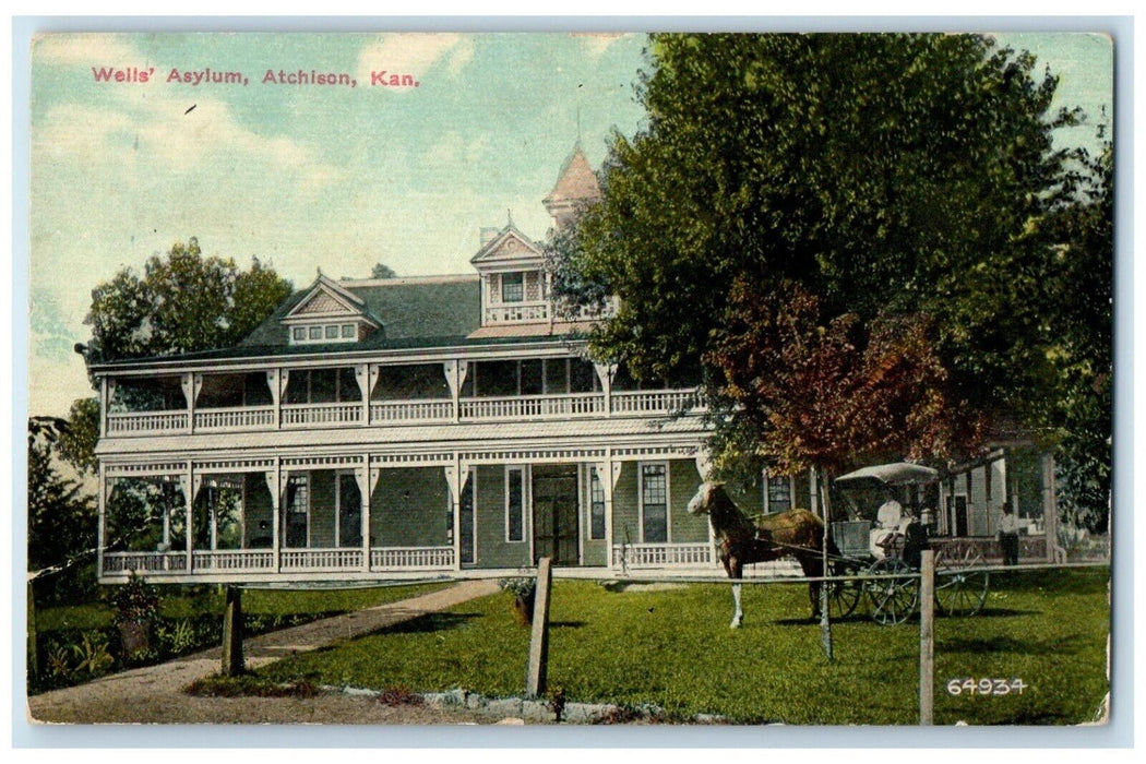 1911 Exterior View Wells Asylum Building Atchison Horse Carriage Kansas Postcard