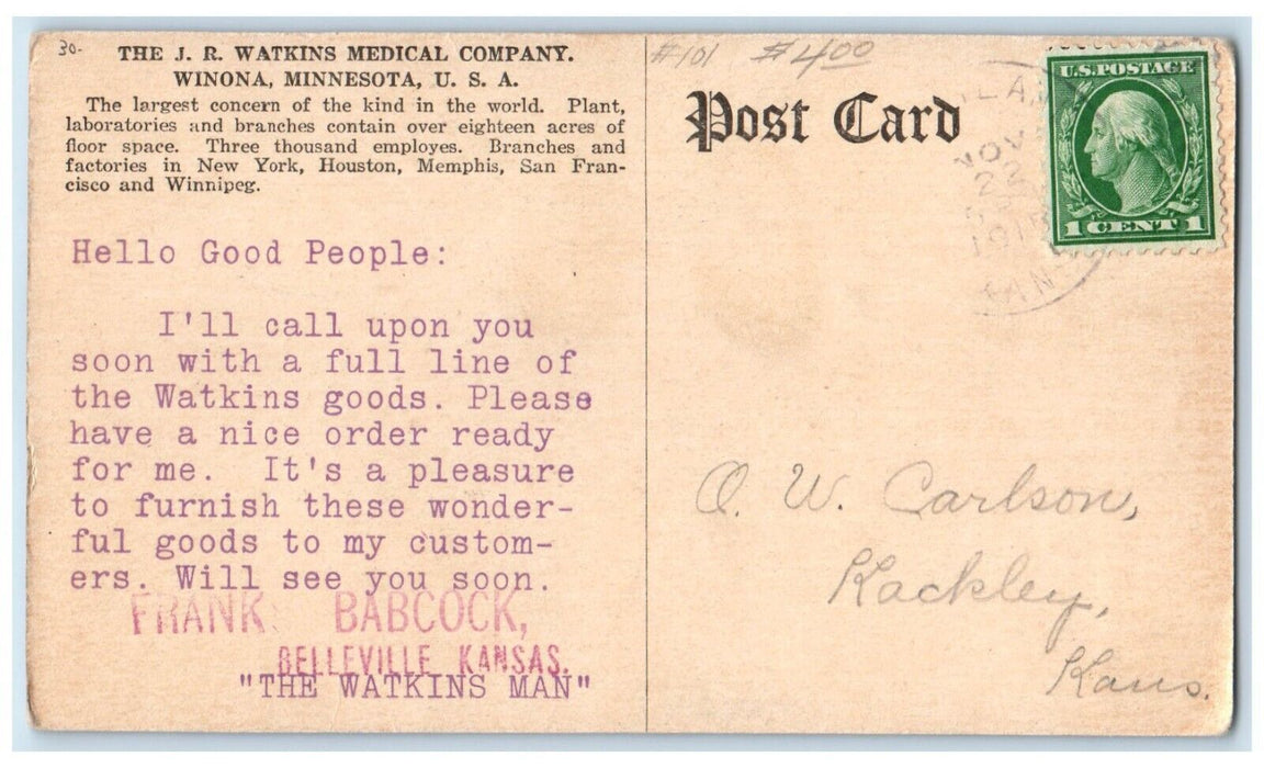 1911 The JR Watkins Medical Company Winona MN Plant Laboratories Posted Postcard