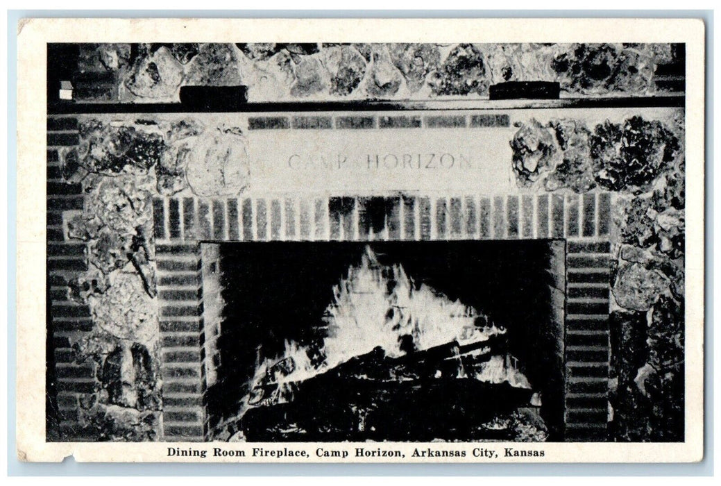 c1940 Interior Dining Room Fireplace Camp Horizon Arkansas City Kansas Postcard