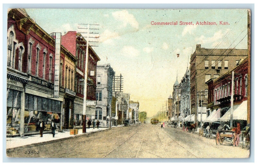 1910 Busy Day Buildings Streetcar Commercial Street Atchison Abilene KS Postcard