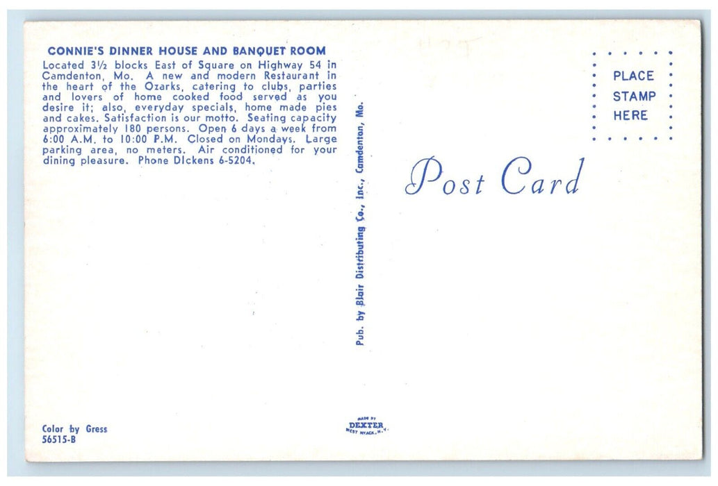 c1960's Connie's Dinner House Banquet Room Restaurant Cars Camdenton MO Postcard