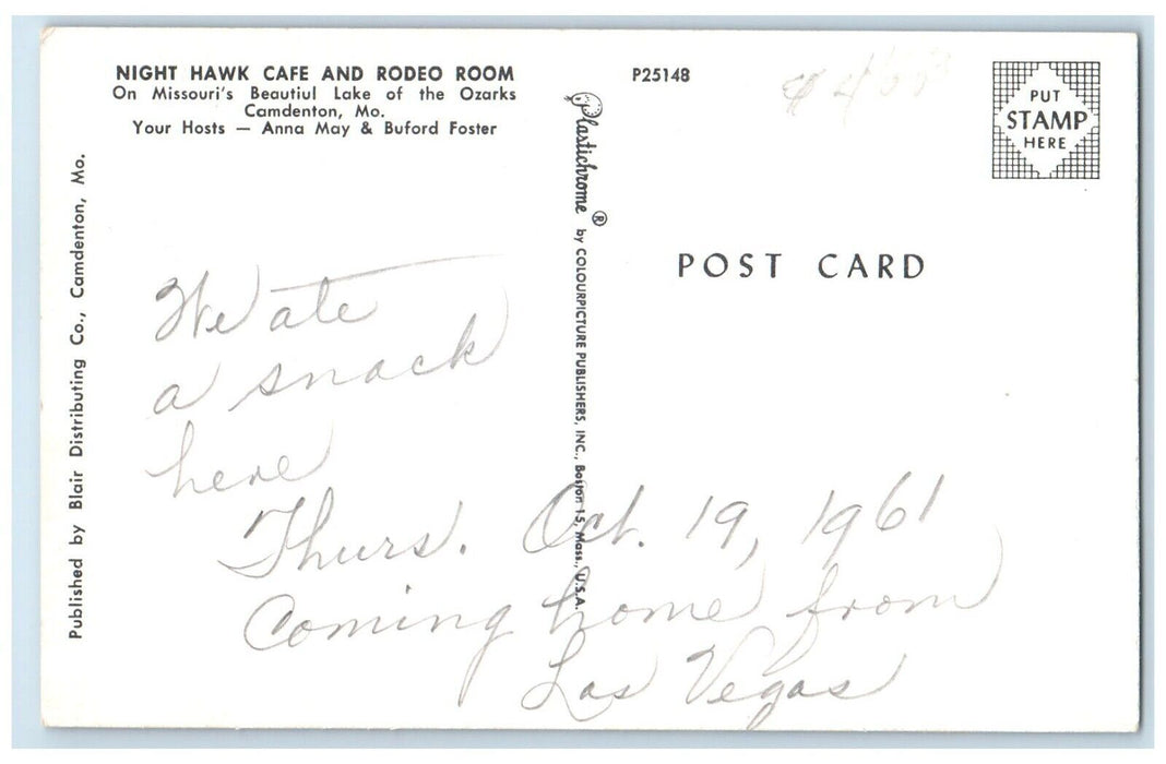 c1950's Night Hawk Cafe And Rodeo Room Camdenton Missouri MO Dual View Postcard