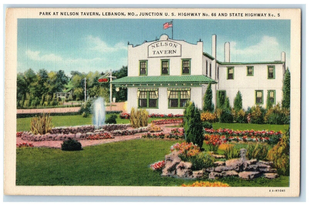 c1930's View Of Park Nelson Tavern Water Fountain Lebanon Missouri MO Postcard