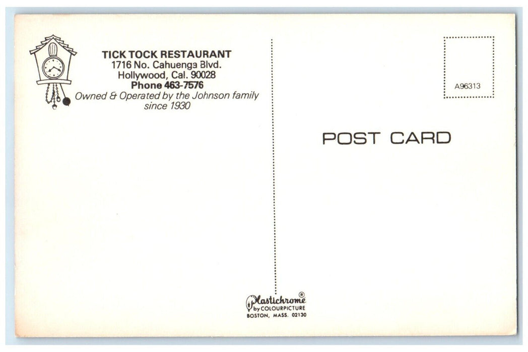 c1950's Tick Tock Restaurant Dining Room Hollywood California CA Postcard
