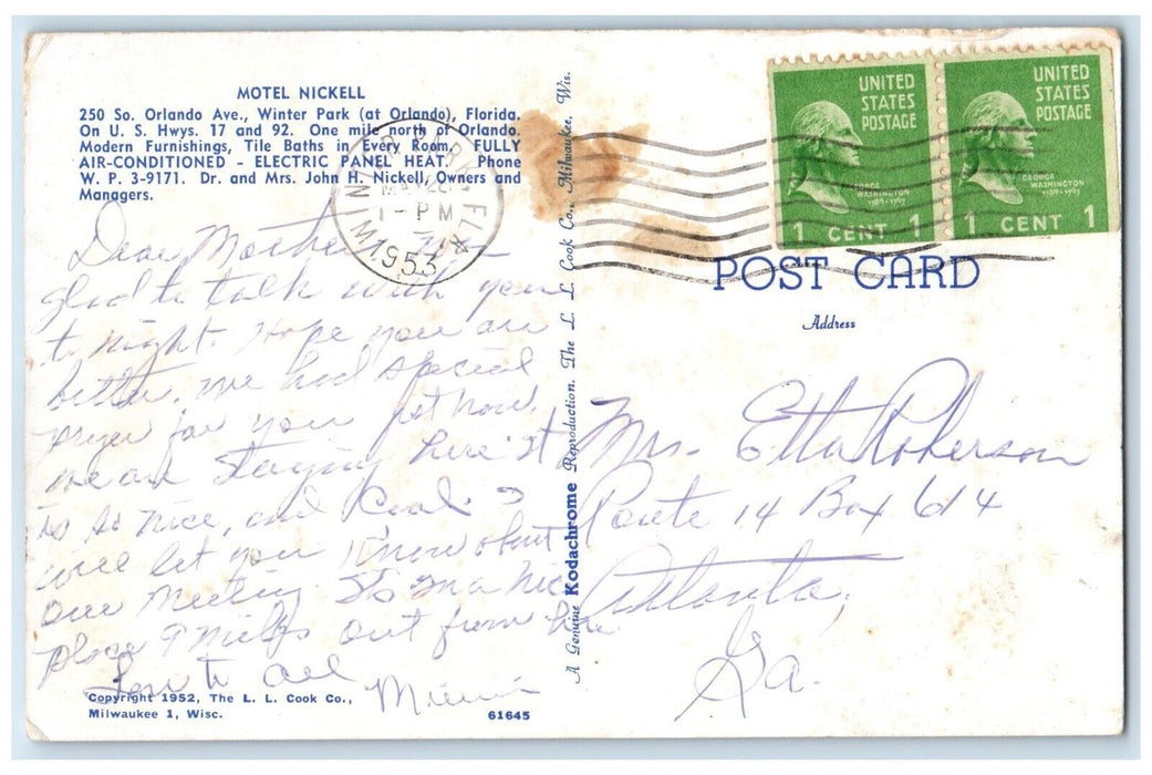 1953 Motel Nickell Roadside Scene Orlando Winter Park Florida FL Posted Postcard